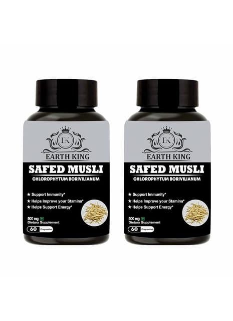 EARTH KING Safed Musli Extract Capsule (Chlorophytum Borivilianum) Supports Strength & Stamina – 500mg 60 Capsules (Pack of 2)