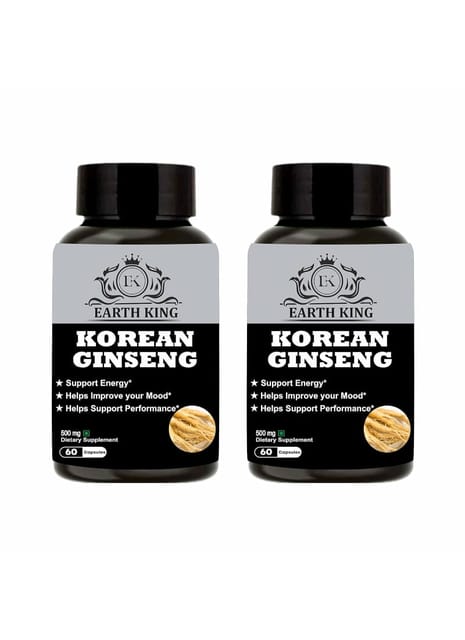 EARTH KING Korean Ginseng Capsule | Red Ginseng | Root Extract | Dietary Supplement | Strength, Stamina & Energy – 500mg 60 Capsules (Pack of 2)