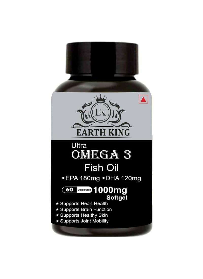 EARTH KING Ultra Omega 3 Fish Oil - 1000mg (180 mg EPA & 120 mg DHA) Omega 3 Fish Oil | Fatty Acid | Supports Healthy Heart, Brain, Better Skin, Bones, Joint & Eye Care – 60 Softgel Capsules