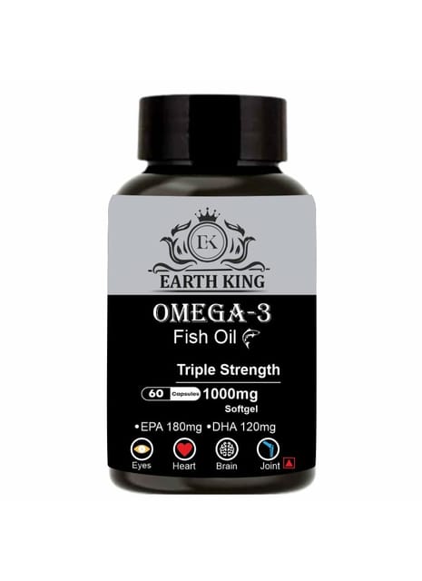 EARTH KING Triple Strength Omega 3 Fish Oil - 1000mg (180 mg EPA & 120 mg DHA) Omega 3 Fish Oil | Fatty Acid | Supports Healthy Heart, Brain, Better Skin, Bones, Joint & Eye Care – 60 Softgel Capsules